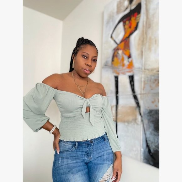 (NWT) Smocked Keyhole Off-Shoulder Top - Sage - Picture 3 of 8